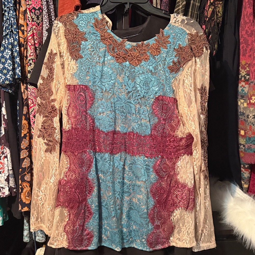 Sundance Lace Long Sleeve Top in Blue and Burgundy